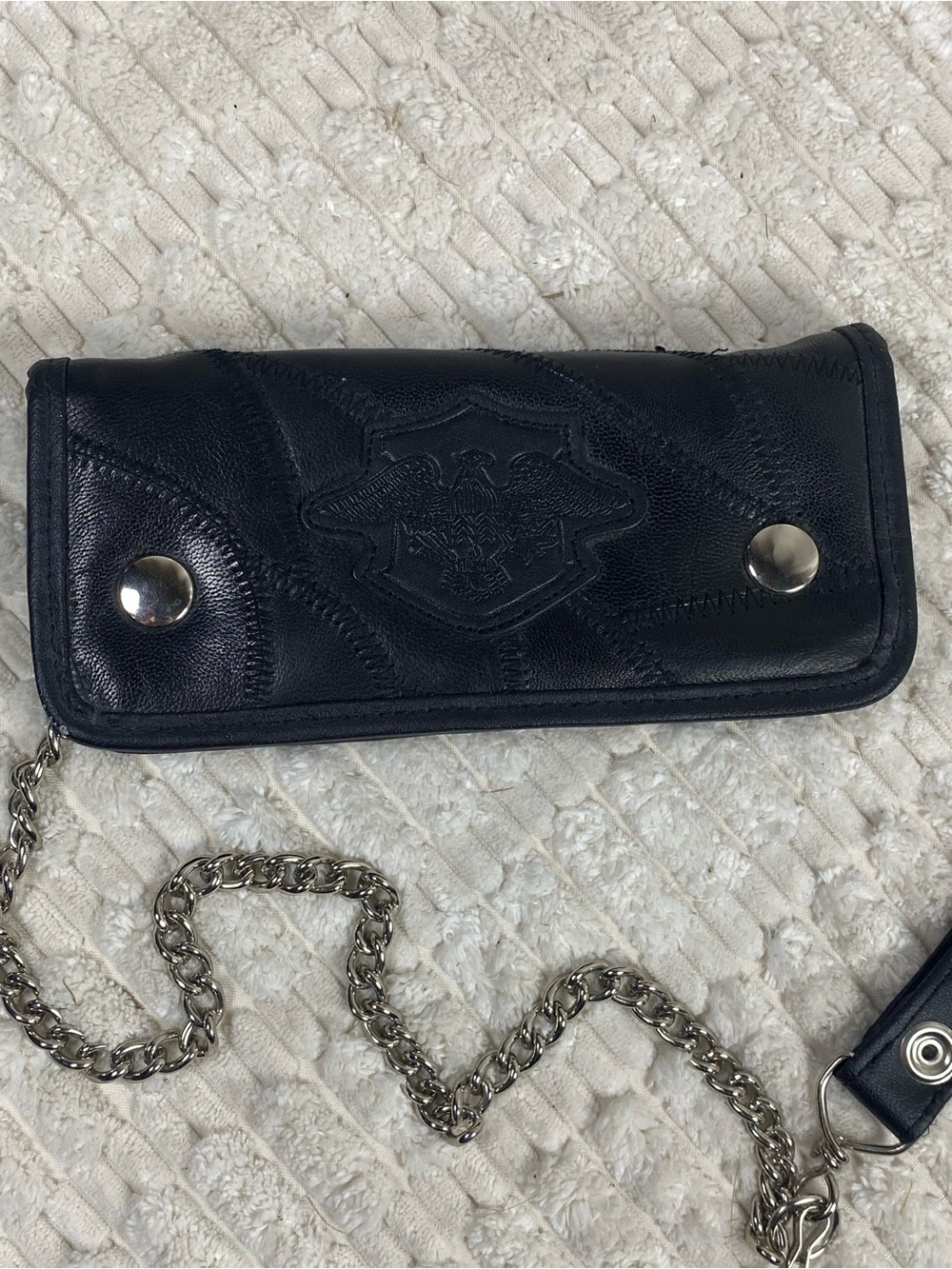 Vintage Black Leather Trucker Biker Chain Wallet Patchwork Eagle Crest 15”